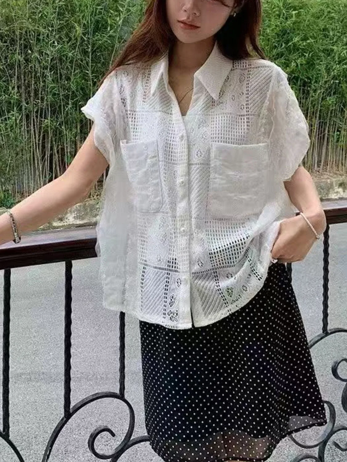 

Fashionable Lace Hollow out Shoulder Casual Short Sleeve Collar Shirt for Women French Style Small Batch Design Sense
