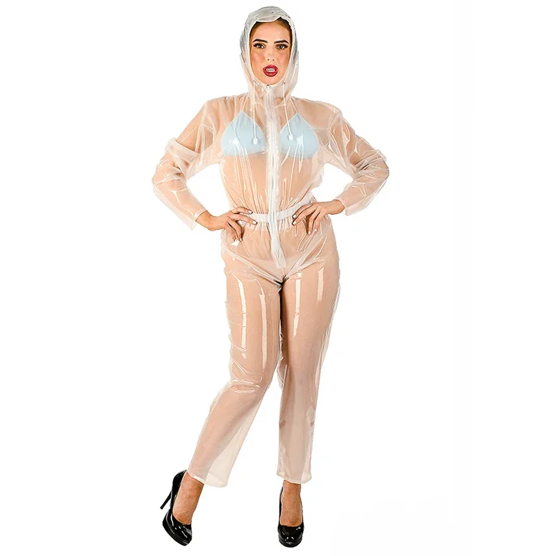 Wet Look Women Sexy Transparent Jumpsuit Patent Leather Long Sleeve Hooded Overalls Exotic See Through Rompers Nightclub Custom