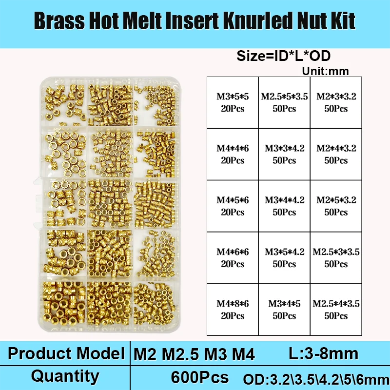 M2 m2, 5 m3 m4 m5 m6 m8 Messing-Wärmeeinsatzmutter-Kit Heiß schmelze Rändel gewinde Wärme spritzguss Einbettung Kupfer mutter mit 3D-Druck – Detail 8