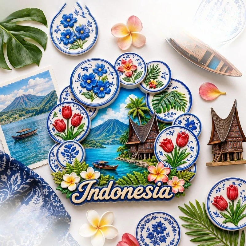 Indonesia Plate River Flowers Fridge Magnet - Artistic 3D Souvenir Unique Southeast Asian Gift for Travel & Boho Decor