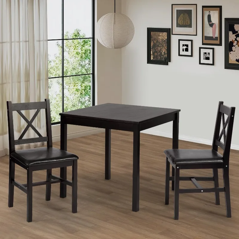 FDW Dining Kitchen Table Dining Set Wood 3 Piece Upholstered Grid Dining Room Table and Chairs for 2,Dark Brown