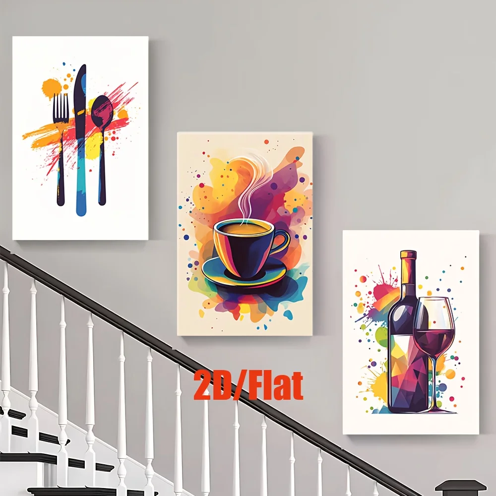 3pcs/set, 2D/Flat Frameless canvas painting, Coffee, tableware and wine sets against a watercolor background, Mixed Painting,