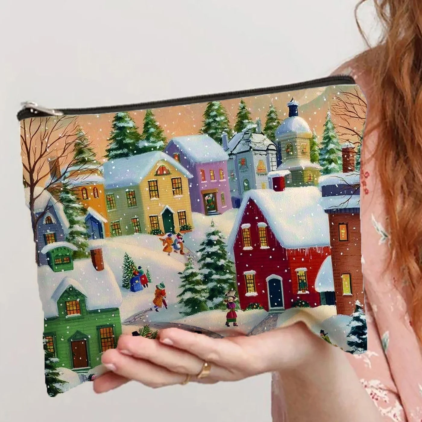 

A Christmas Street Snow Scene Pattern Makeup Bag- Multifunctional Zipper Pouch, Jewelry Storage Bag, Perfect Travel Zipper Small