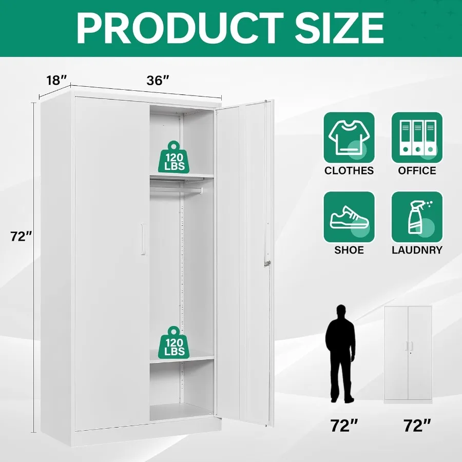 72 X 36 X 18 Metal Wardrobe Cabinets with Lock for Home Room Fire Department School Employee Gym Government Use Durable White S