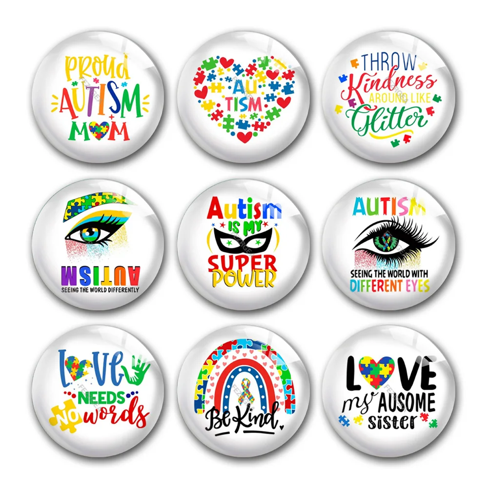 Autism Awareness Different Kind Round Photo Glass Cabochon Demo Flat Back For DIY Jewelry Making Keychain Supplies Accessories