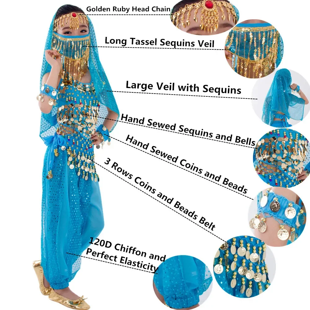 Bambini Bollywood Vestito Ragazze Costume di danza del ventre Set 2-8 Pezzi Danzatrice del ventre Cintura Pantaloni Velo Accessori per Ali Maschera per bambini