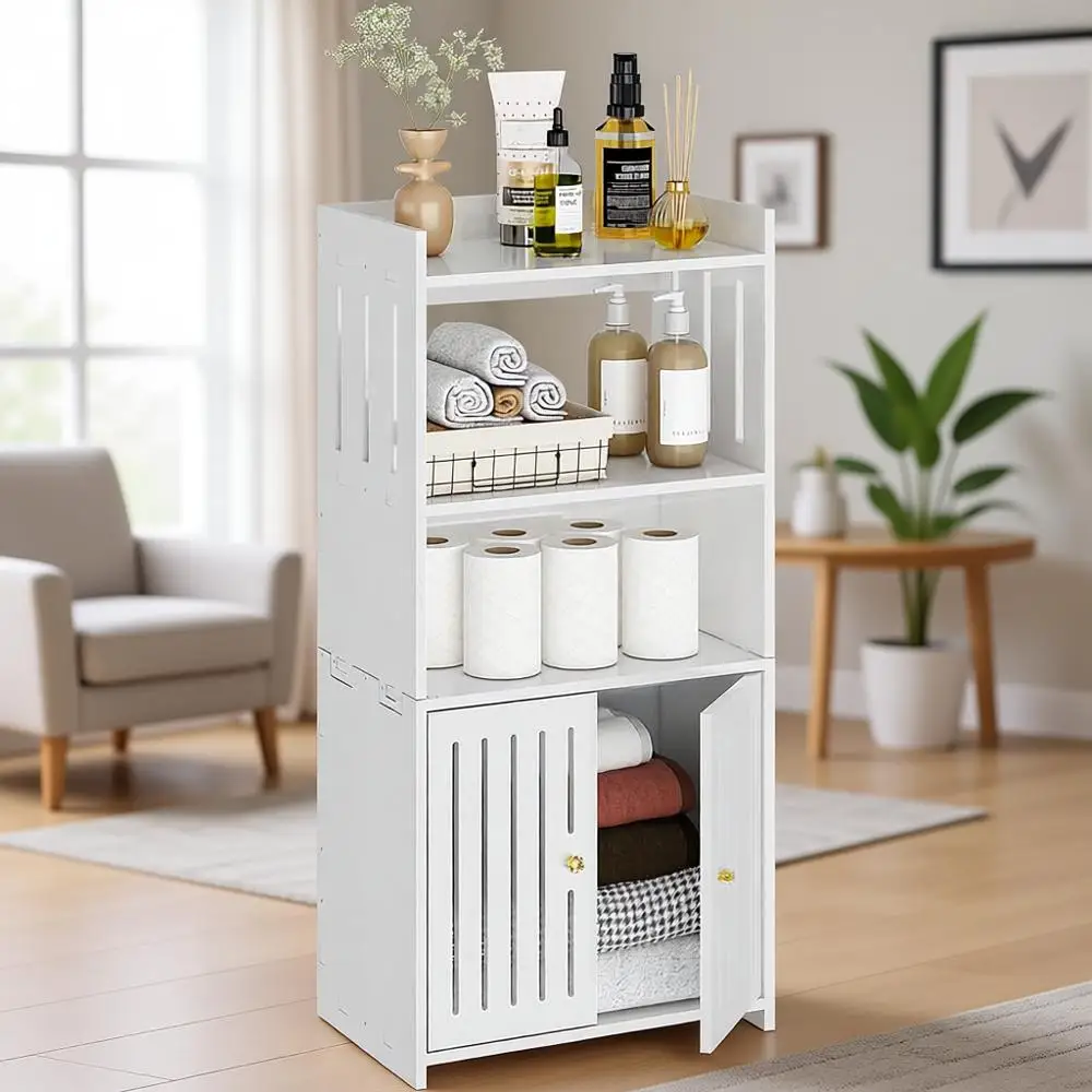 

4-Tier White Floor Cabinet with Door for Bathroom, Living Room, and Kitchen Storage Solutions