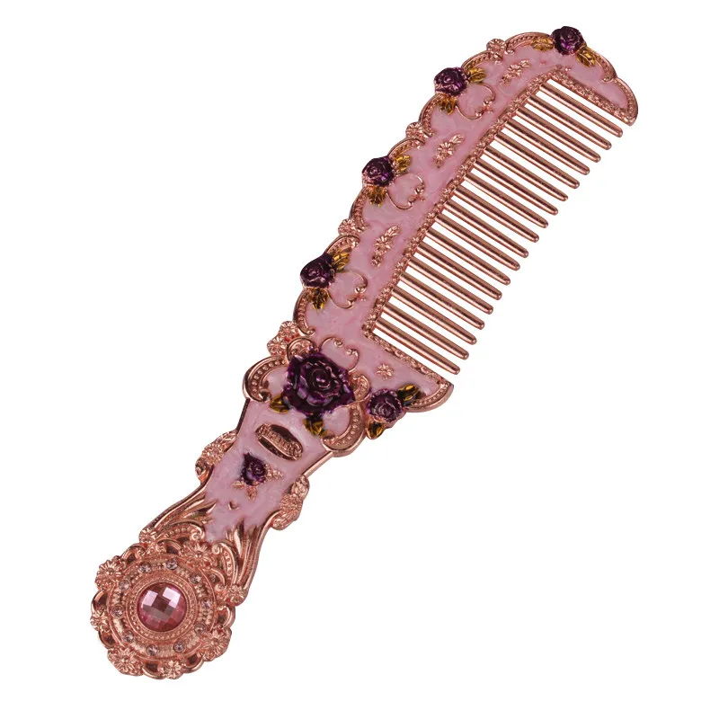 Creative Women's Gift Retro Classic Court Rhinestone Massage Comb Makeup Mirror European Alloy Metal Painted Makeup Comb