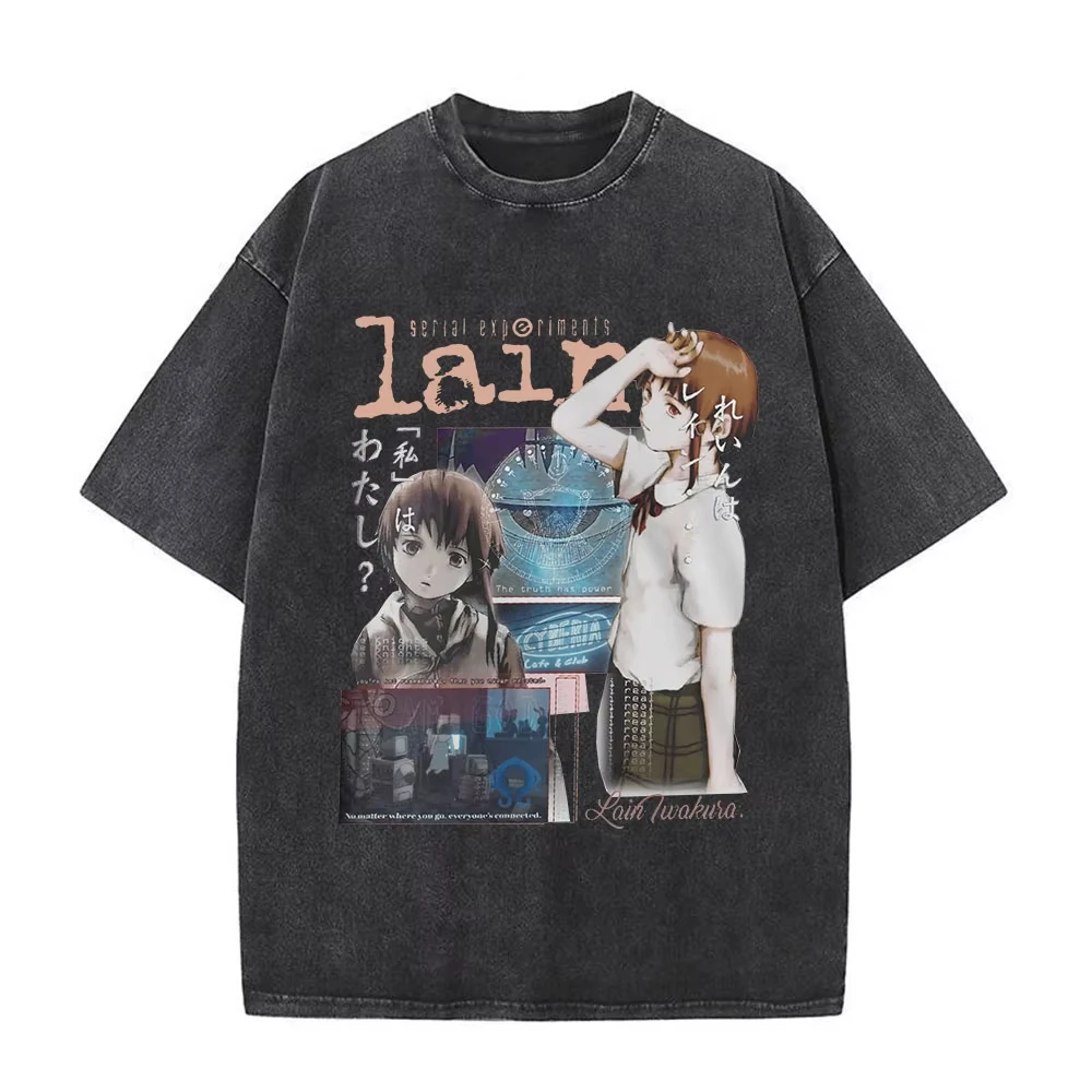 Anime Experiments Lain Vintage T-Shirt Black Men's Casual Short Sleeve Clothing Fashion Unisex Streetwear Top Graphic Hot Sale