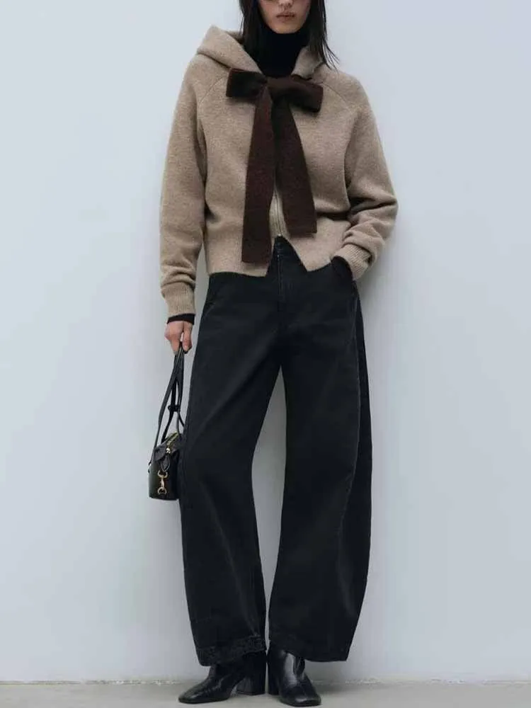 

Осень и зима в европейском и американском стиле, новый модный дизайн женской одежды с универсальным вязаным пальто с капюшоном и бантом