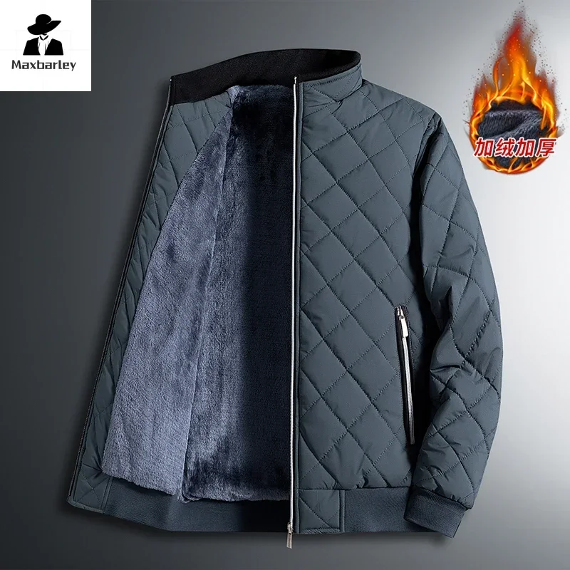 Casaco acolchoado forrado de lã masculino com zíper, trava quadriculada, gola gola, parka quente casual de negócios, moda inverno