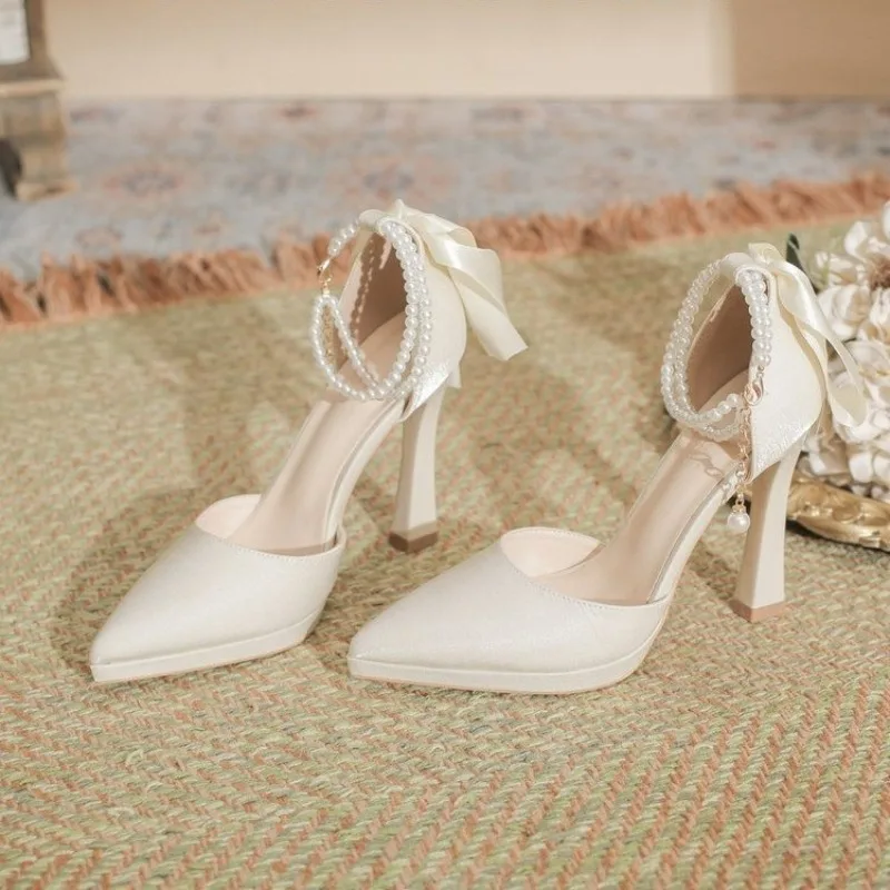 Bow Pearl High Heels Female Fairy Style Block Heel Pointed Toe Platform Single Shoes