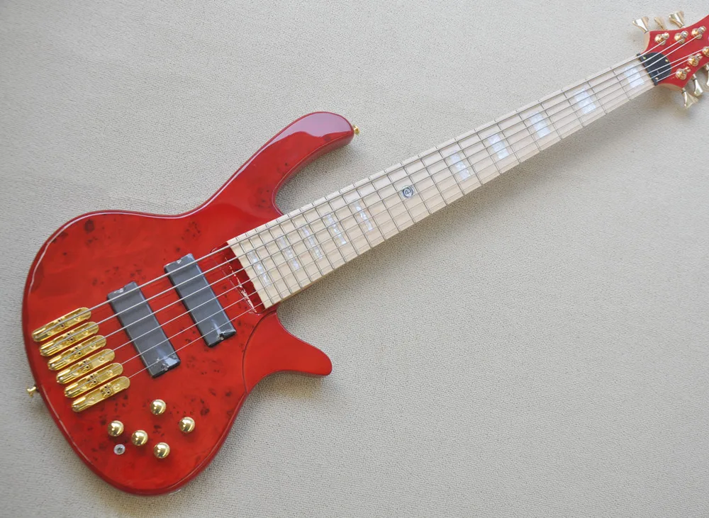 Red Body 6 strings Maple Fingerboard Electric Bass Guitar with Gold hardware,Offer customized