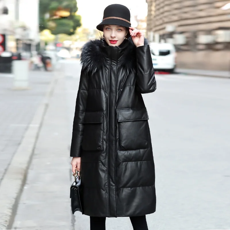 

Genuine Sheepskin Leather Jacket Women Winter 2023 Hooded Raccoon Fur Collar Duck Down Coat Female Manteau Femme Gxy1232