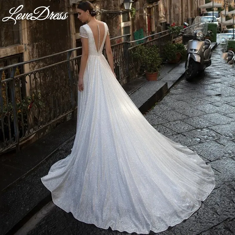 Gaun pernikahan berkilau LoveDress 2024 untuk wanita leher V Boho rumbai A-Line gaun pengantin gaun ilusi Tulle kancing Vestido De Novia