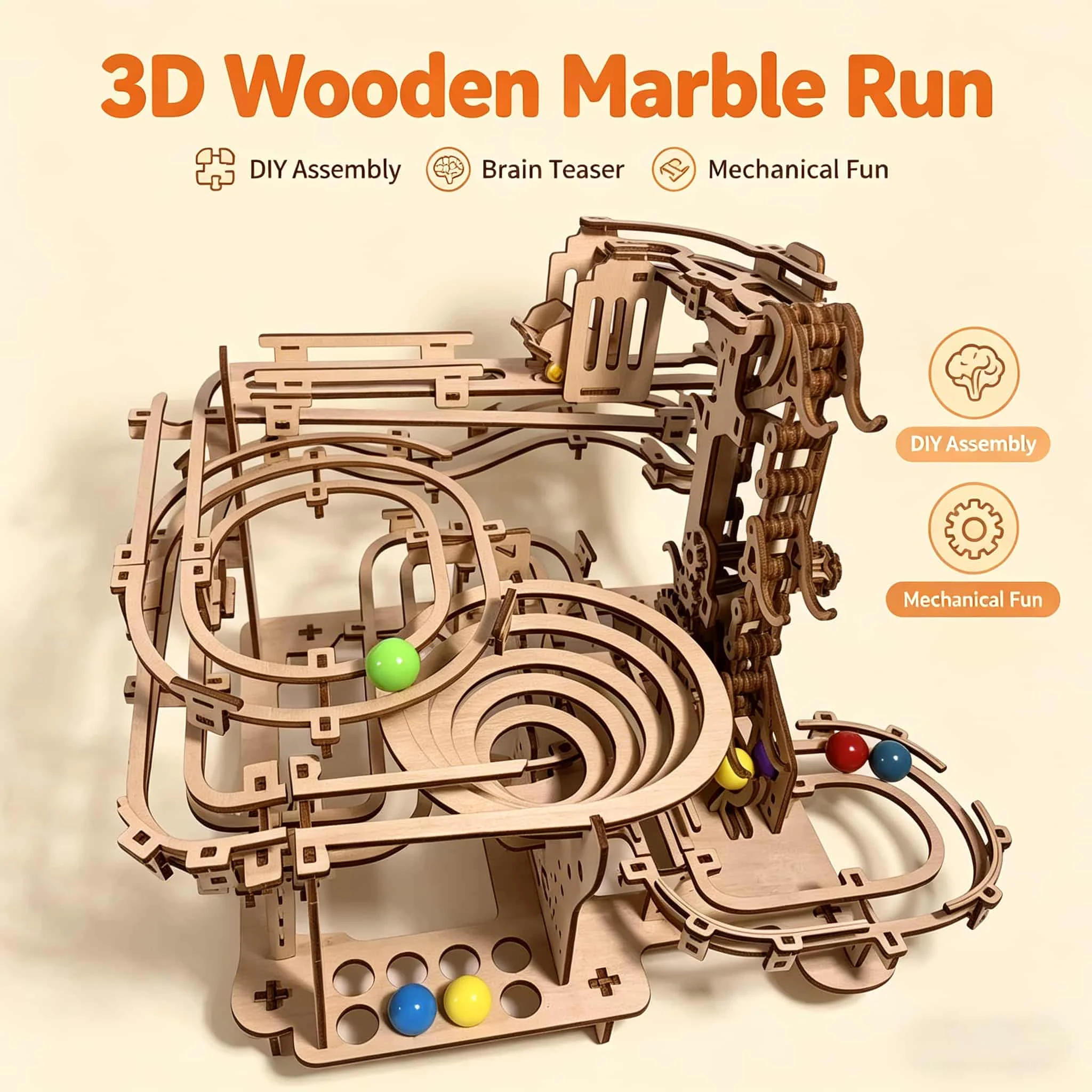 Mechanical Marble Run 3D Wooden Puzzle Model Kit | DIY Gear-Driven Ball Track Maze—A Gift for Adults and Teens