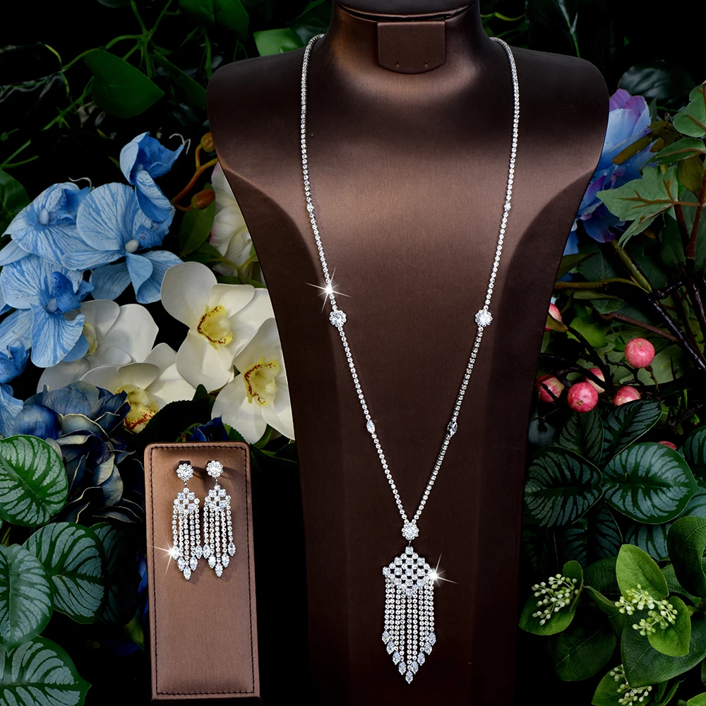 HIBRIDE 2 Pieces Vintage Grid Fringe Shape Exquisite Zircon Super Flash Necklace Earrings Women's Jewelry Travel Wedding S-853