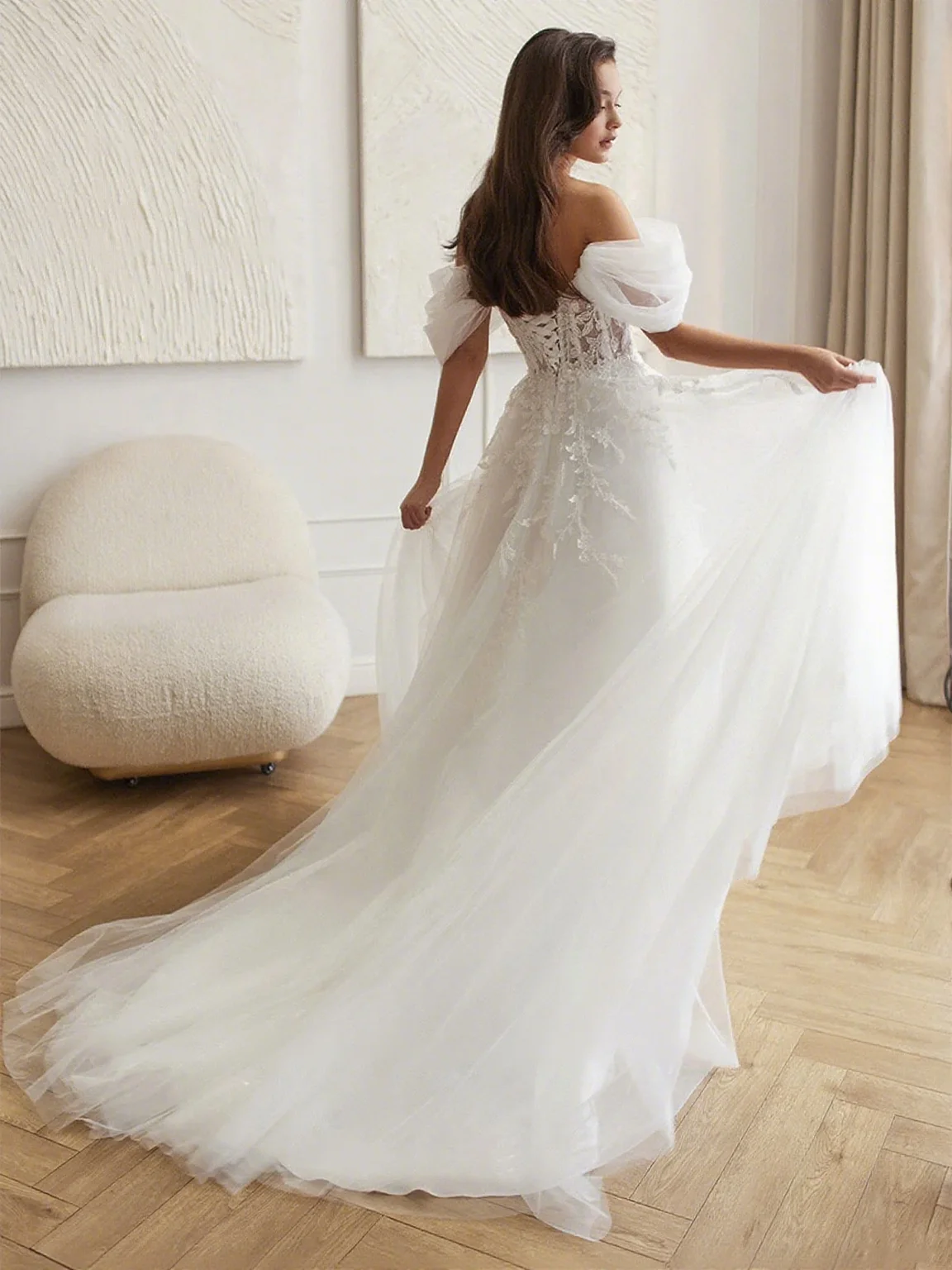 أنيقة قبالة الكتف فستان الزفاف الأبيض ألف خط الزفاف ضيق مشد فستان الزفاف مخصص الدانتيل صائق عالية سبليت فستان الزفاف رداء