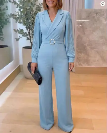 Women's New Rhinestone & Pearls Decor Lapel Collar Pleated Long Sleeve Wide Leg Overalls Casual High Waist Zipper Back Jumpsuit
