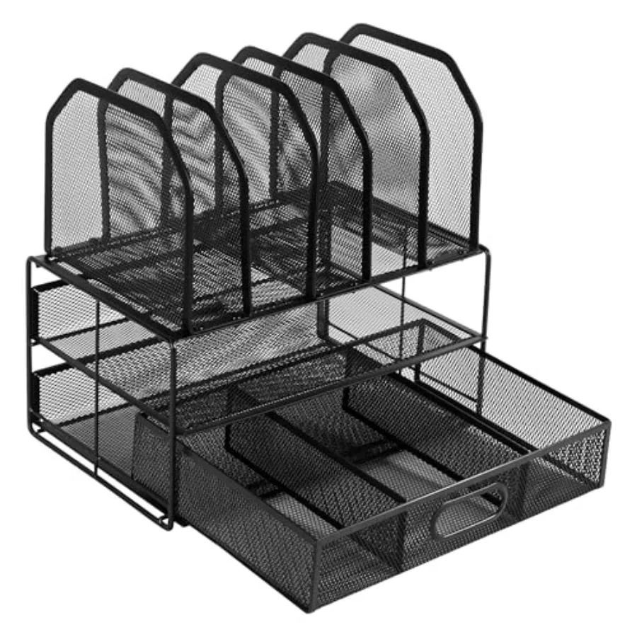 

Mesh Desk Organizer with Sliding Drawer, Double Tray and 5 Upright Sections, File Holder for Office Supplies, Paper Letter Tray