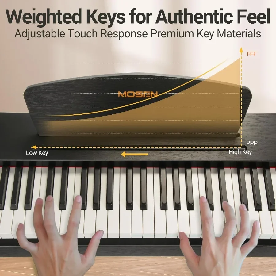 MOSEN 88 مفاتيح بيانو رقمي مرجح مع حامل أثاث وحدة 3 دواسات لوحة مفاتيح أكشن مطرقة للاستوديو المنزلي والأداء Fu