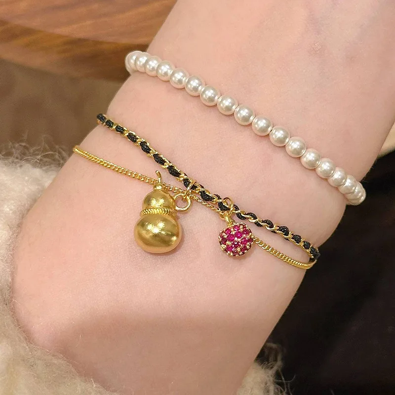 Classic vintage double-layer chain black gold woven rope gourd hand rope lanyard ainlaid pink diamond berry ball pendant jewelry