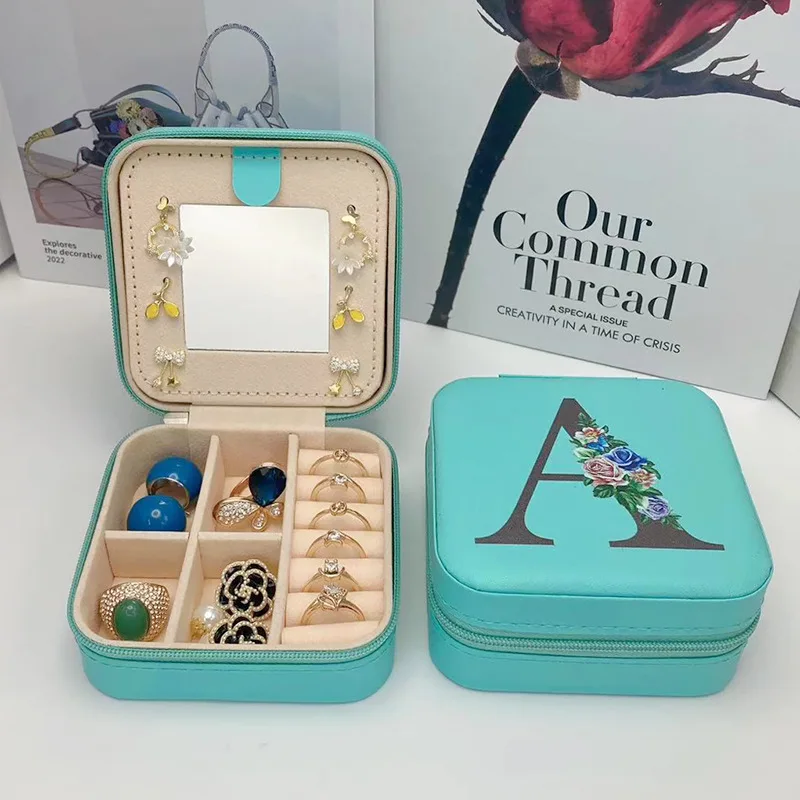 New Creative Letter Jewelry Box with Mirror Portable Travel Ring Necklace Earrings Stud Earrings Earring Blue Square Storage Box