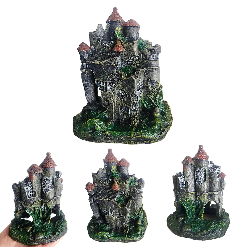 Resin Artificial Fish Tank Ancient Castle Decoration Aquarium Rock Cave Building Decoration Aquatic Landscaping Ornament Decor