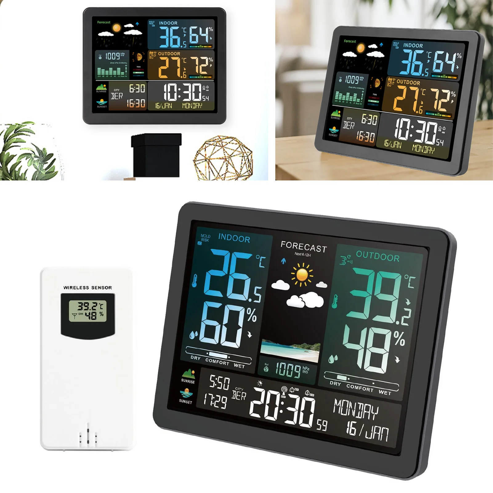 Wireless Weather Station Color Display Digital Temperature Humidity Moon Phase Weather Forecast Station for Indoor Outdoor