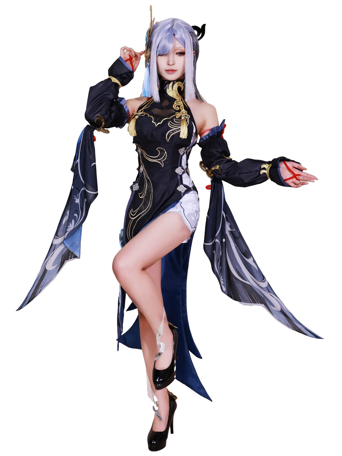 Shenhe Cosplay Traje com Peruca para Mulheres, Frostflower Dew, Genshin Impact, Uniforme Anime, Trajes de Halloween, Roupa de Personagem do Jogo