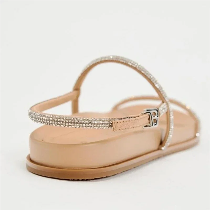 2024 Summer New Women Flat Sandals Bling Rhinestone Strap Thick Sole Footwear Comfortable Soft Casual Ladies Beach Shoes