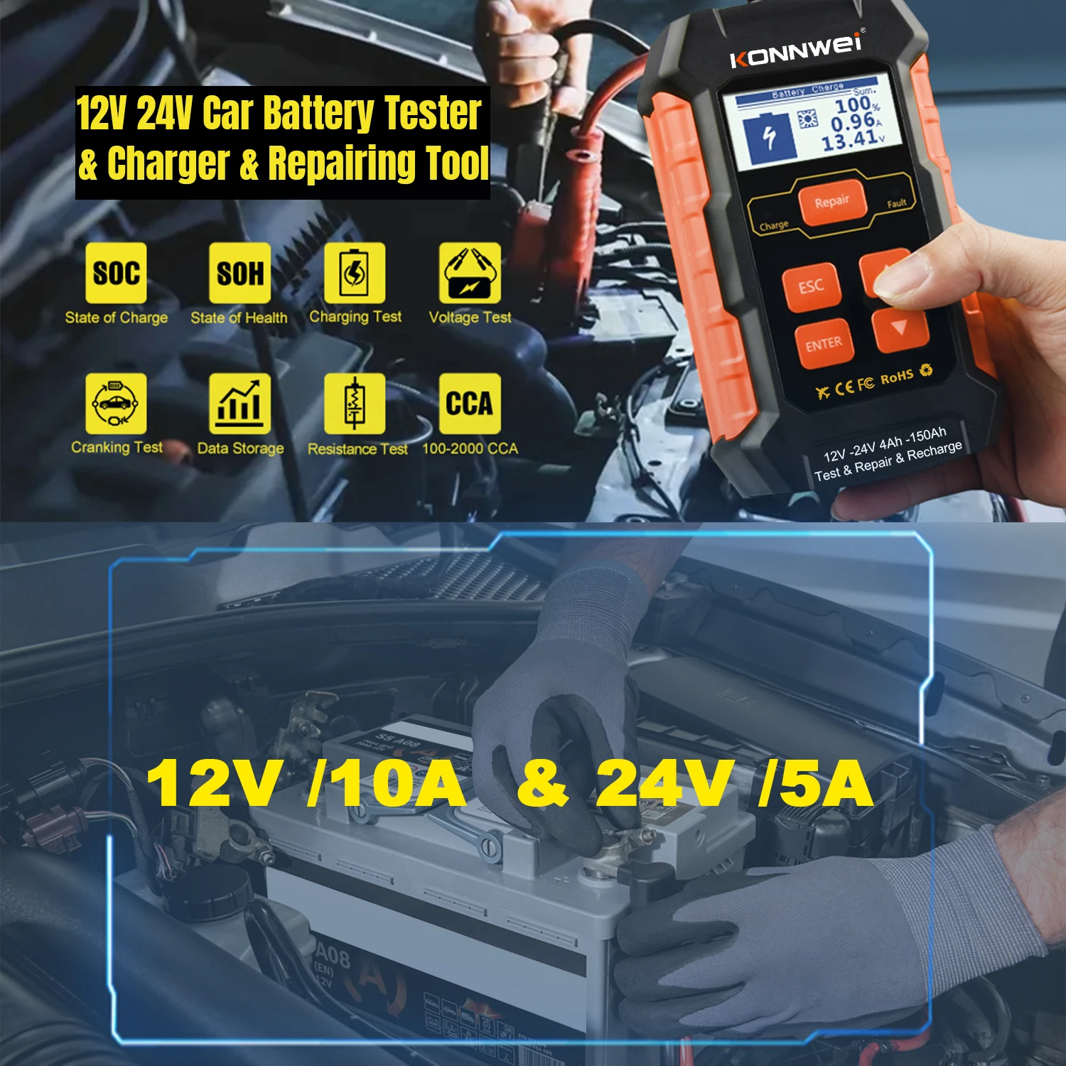 12V 10A 24V 5A Car Battery Charger,Automatic Battery Maintainer for Flooded Lead-Acid Batteries, Auto Pulse Repair Charger