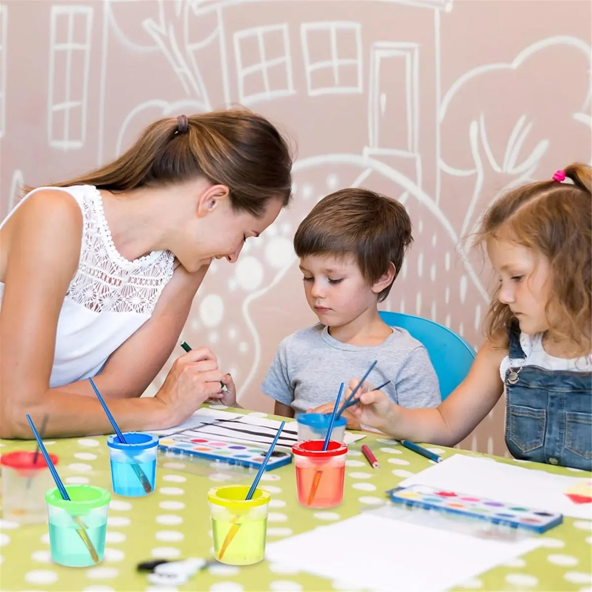 

(ABLP) 24 Packs Paint Cups with Lids - No Spill Paint Water Cup, Reusable Spill Proof Paint Cups for Painting, (4 Colors)