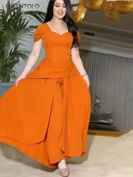 Women Eleagnt Party Jumpsuits Sexy Short Pressed Pleated Sleeves Orange Big Swing Trench Coat Fake Two-piece Long Jumpsuit