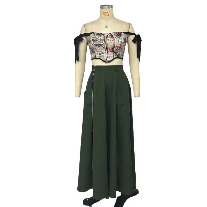 Women Dress Sets Sleeveless Slash Neck Pullover Tops Two Pieces Skirts Ankle Length Sashes Spliced Loose Fit Punk Style