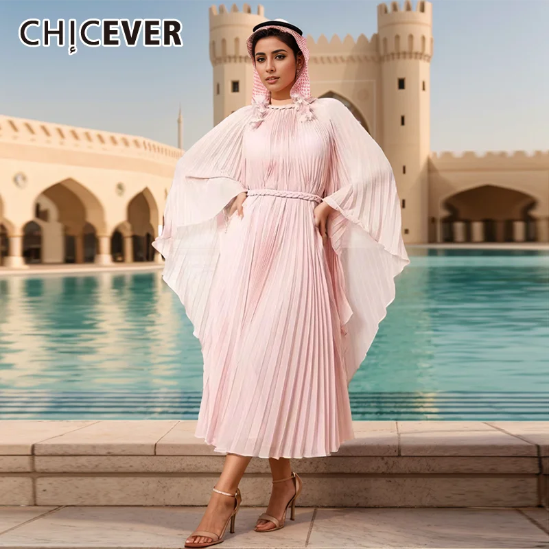 

CHICEVER Solid Pleated Spliced Lace Up Dresses For Women O Neck Batwing Sleeve High Waist Oversize Loose Dress Female Spring New