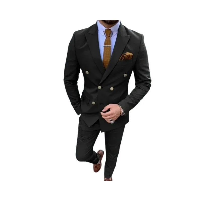 2024 custom best luxury designer solid elegant official work v-neck 2 piece pant coat wedding double breasted suits set for men