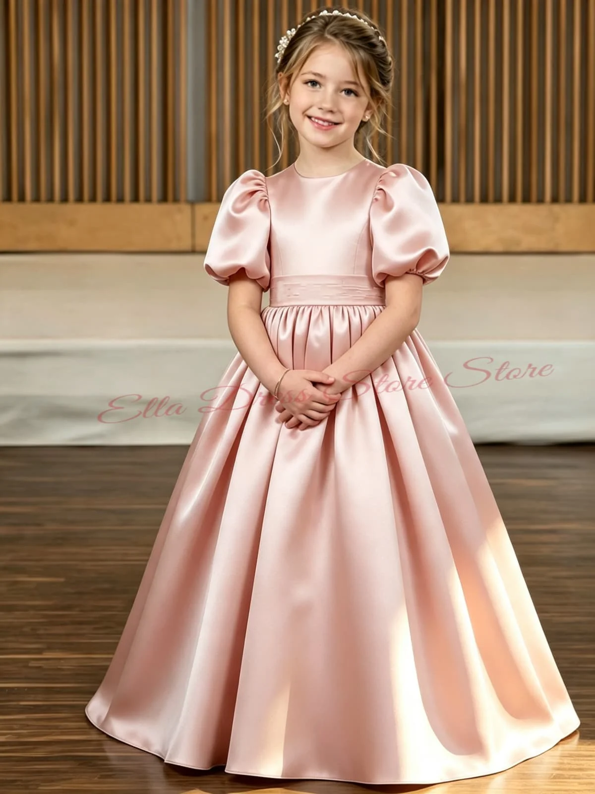 Hochwertiges, hübsches rosa Mädchenkleid, Blumenmädchenkleid aus hochwertigem Satin, flauschige große Schleife für kleine Mädchen, Hochzeit, Geburtstag, individuell anpassbar. – Detail 2