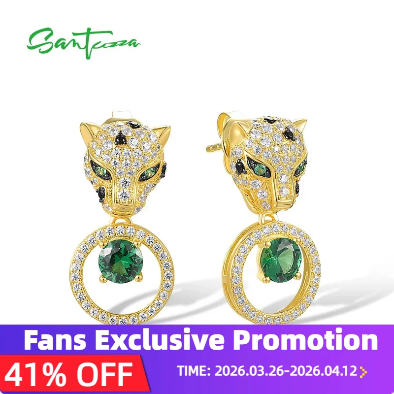 

SANTUZZA Real 925 Sterling Silver Leopard Earrings For Women Green Spinel White CZ Dangling Animal Safari Cute Fine Jewelry