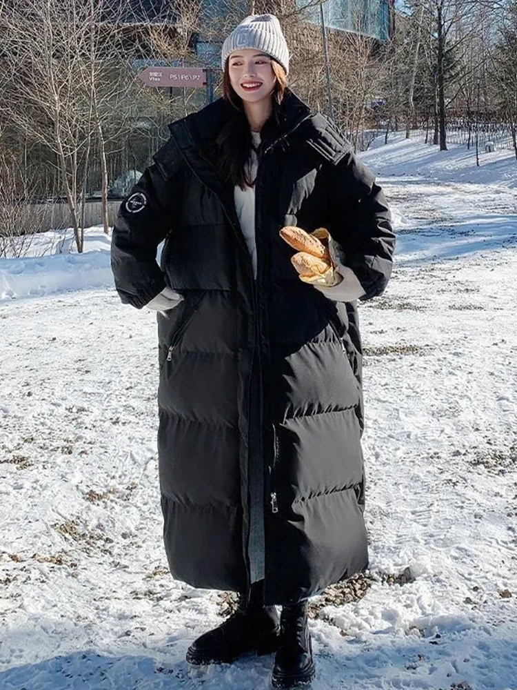 Parkas largas con capucha de retazos para invierno, abrigo de cintura acolchada de algodón grueso, ropa de nieve elegante, nuevo