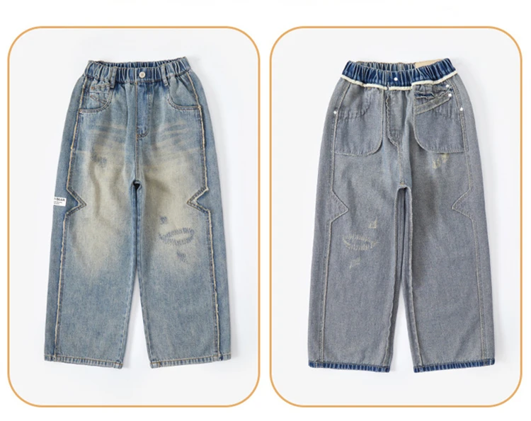Frühlings- und Herbst-Jeans für Kinder und Jugendliche, Stylische Lose Gerade Hosen für Jungen im Europäisch-Amerikanischen Stil, Hochgeschnittene Baumwoll-Denim-Hosen – Detail 8