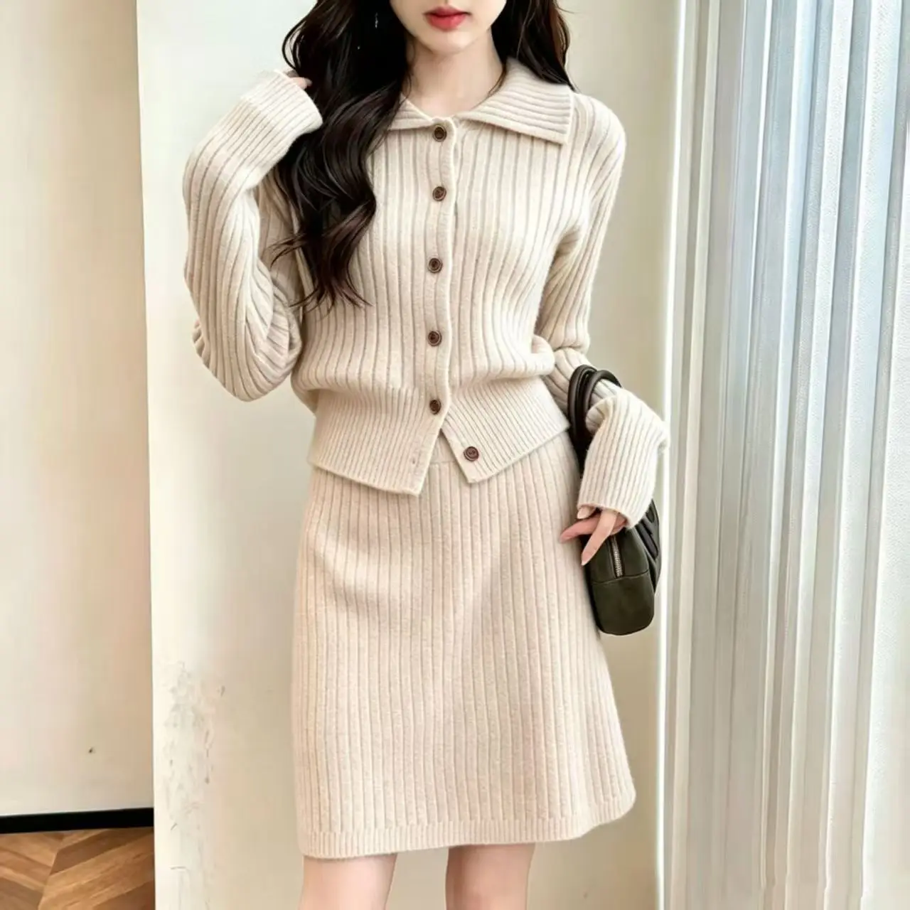 Autumn Knitted Cardigan Skirt Two Piece Set Women's Casual Button Cardigan Top Solid High Waist Skirt Female Y2k Skirt Set