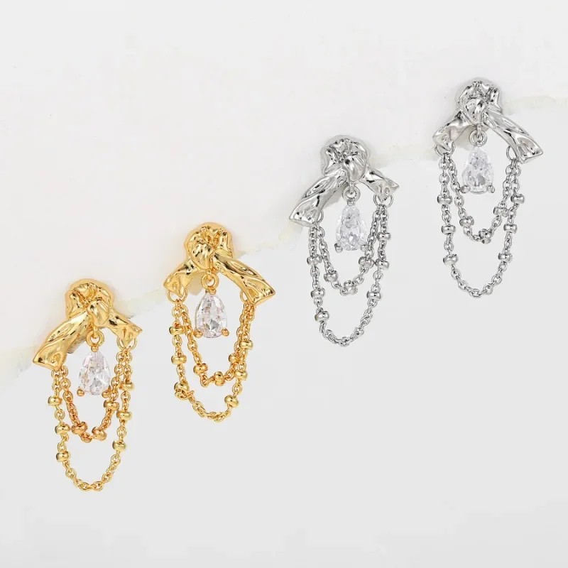 

925 Sterling Silver Needle Waterdrop Zircon Bow Tassel Stud Earring for Women Fine Jewelry High Luxury Vintage Accessories