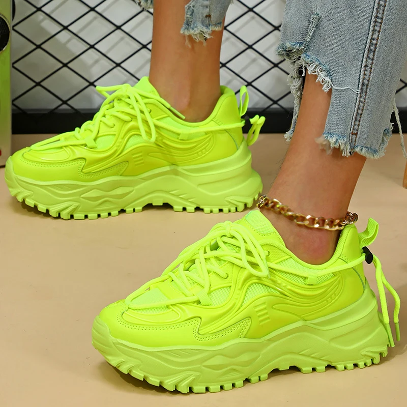 All-match Chunky para poduszka do biegania trampki mężczyźni kobiety fluorescencyjne zielone antypoślizgowe buty unisex zasznurować codzienne buty