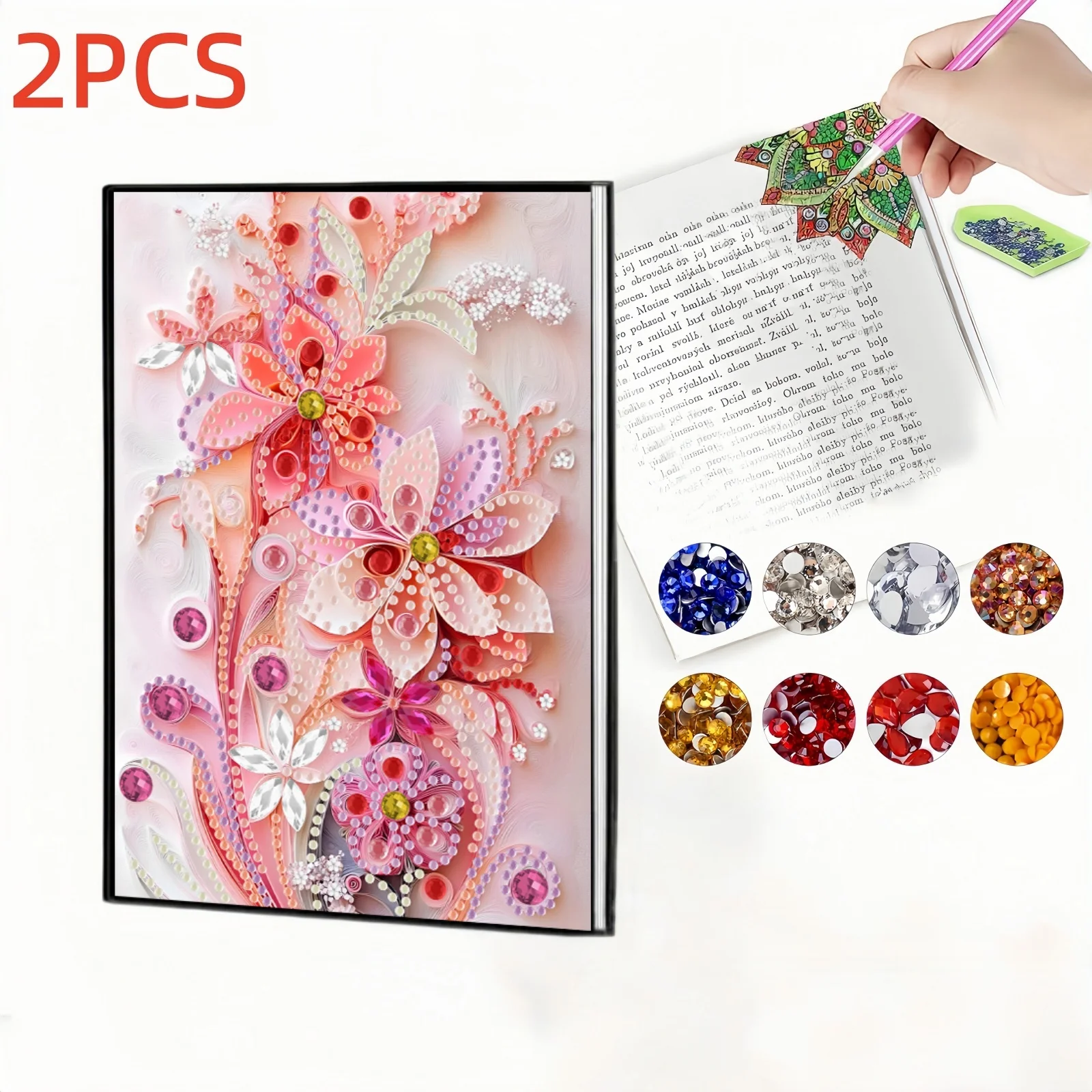 2pc, 1 Diamond Painting Notebook +1 Bookmark, flower pattern, PU leather, Suitable for Learning office art Painting