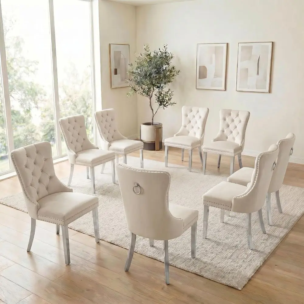 

Set of 8 Velvet High Wingback Dining Chairs with Nail Trim and Pull Rings, Beige