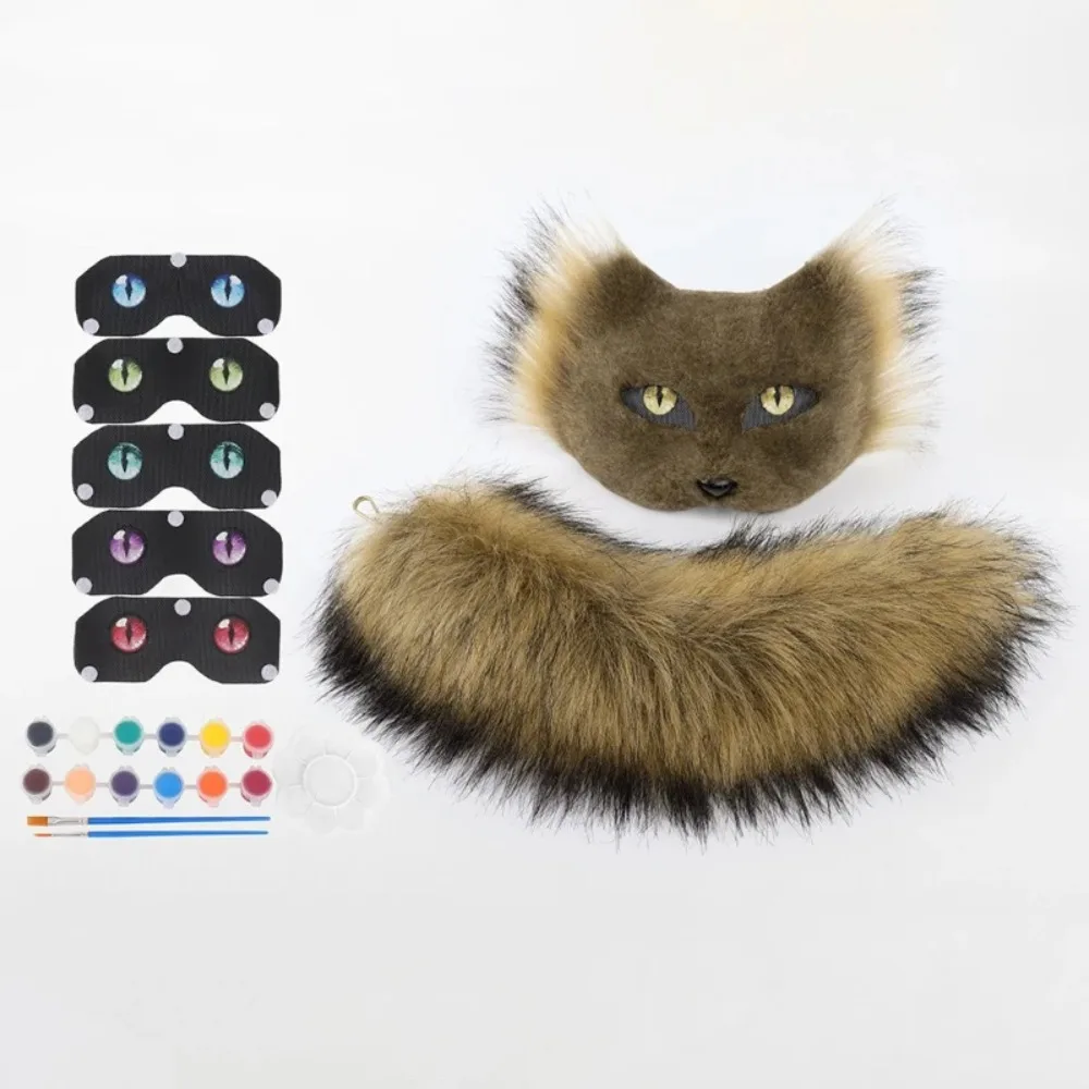 Halloween Party Festival Half-Face Cat Mask Personalised DIY Animal Mask Cosplay Plush Tail Beast Tail Dance Party Accessory 5