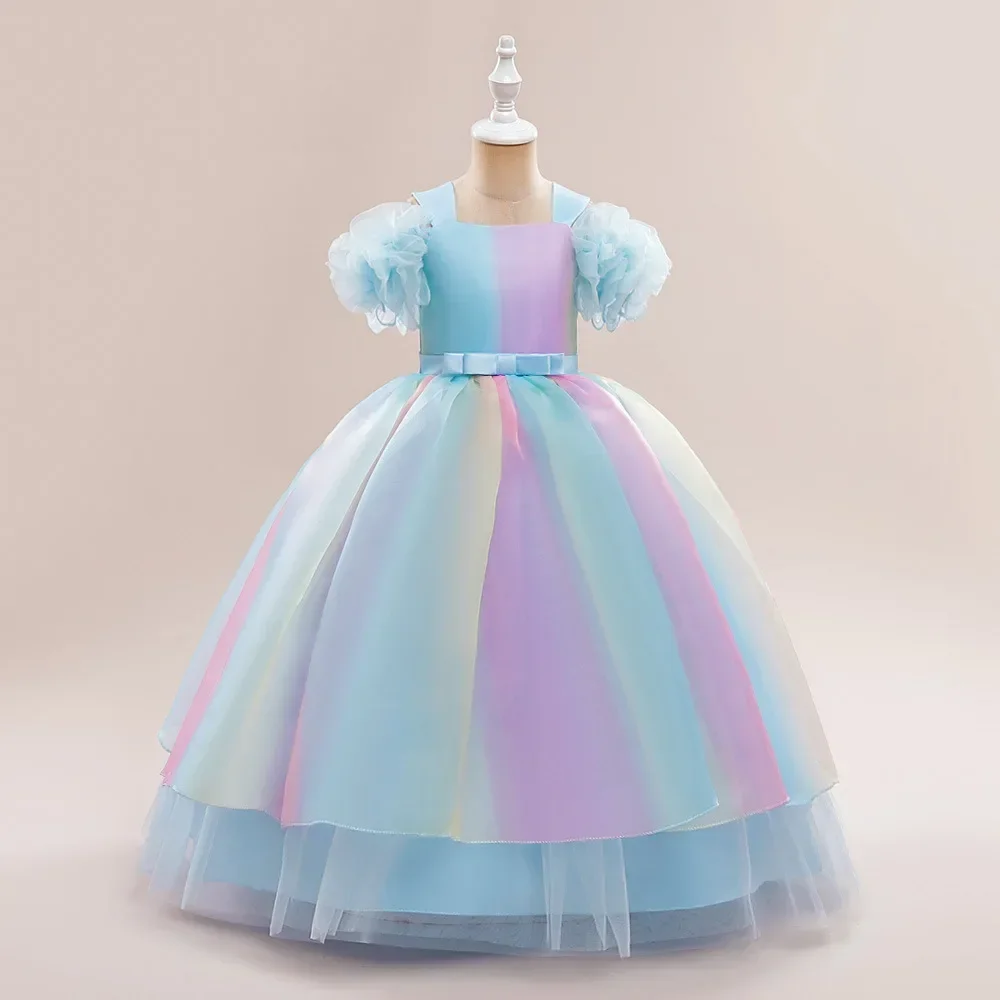 Colorful Tulle Bridesmaid Girl Dresses Fluffy Banquet Prom Gown Birthday Party Princess Kids Dress for Girls Bow Wedding Costume