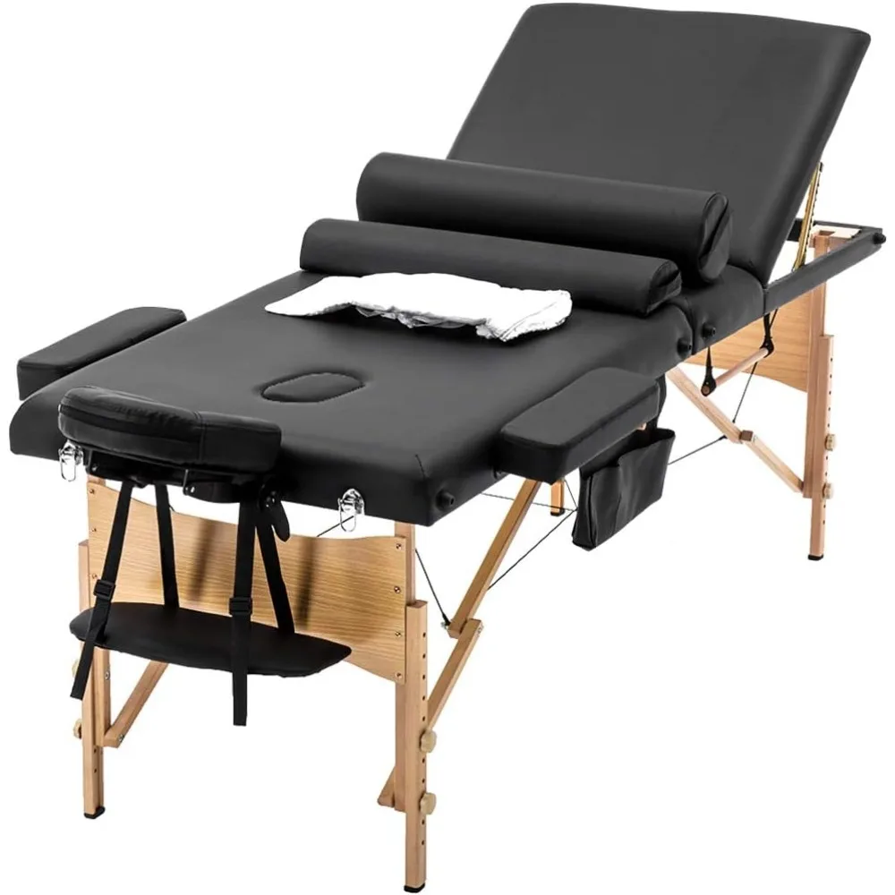 

Massage Table Protable Massage Bed Lash Bed Heigh Adjustable 3 Fold Spa Table with Towel Hanger Oil Pouch Half Bolster