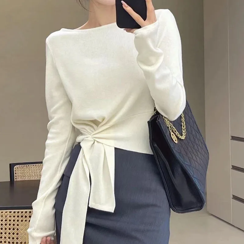 Autumn Winter Fashion Elegant Irregular Patchwork Knitted Tops Casual Simplicity Solid Long Sleeve Sweaters Women\'s Clothing